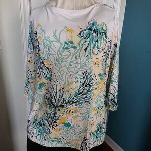 Charter Club Button-Trim Printed 3/4 Sleeve Top 1X
